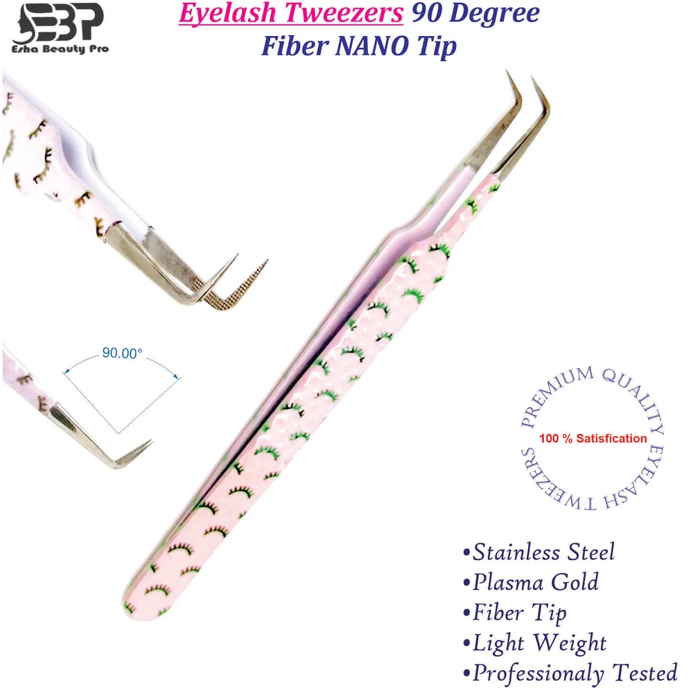 Premium 90 Degree Eyelash Tweezers with Fiber Tip