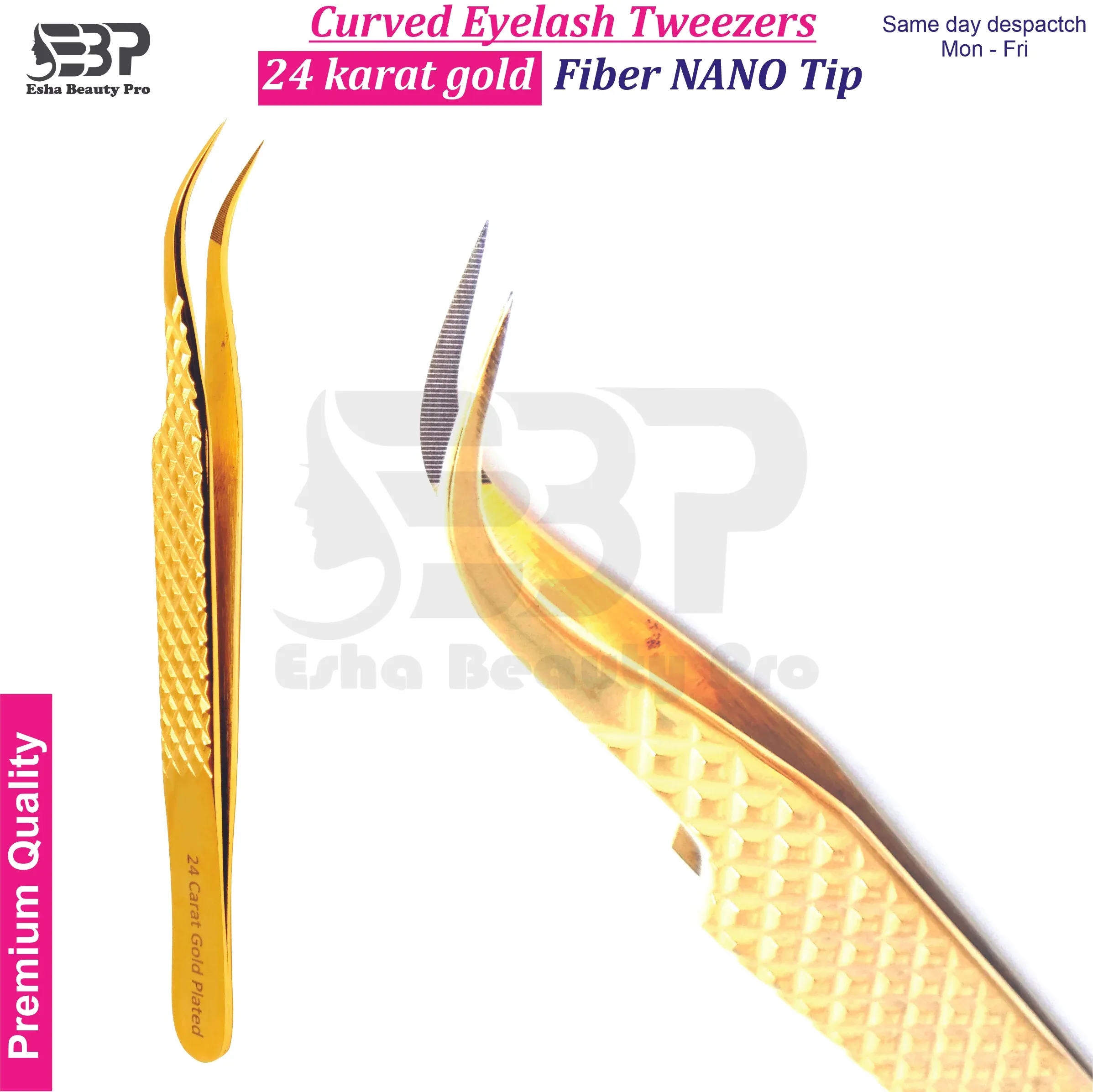 Curved Eyelash Tweezer with Fiber Tip – 24K Gold Plated