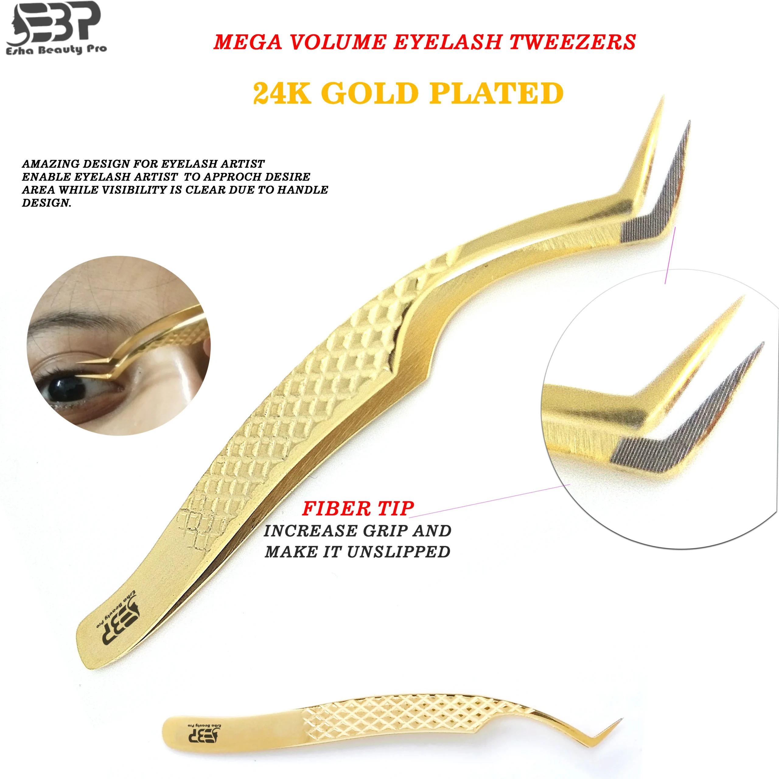 Mega Volume Eyelash Tweezers with Fiber Tip – 24K Gold Plated