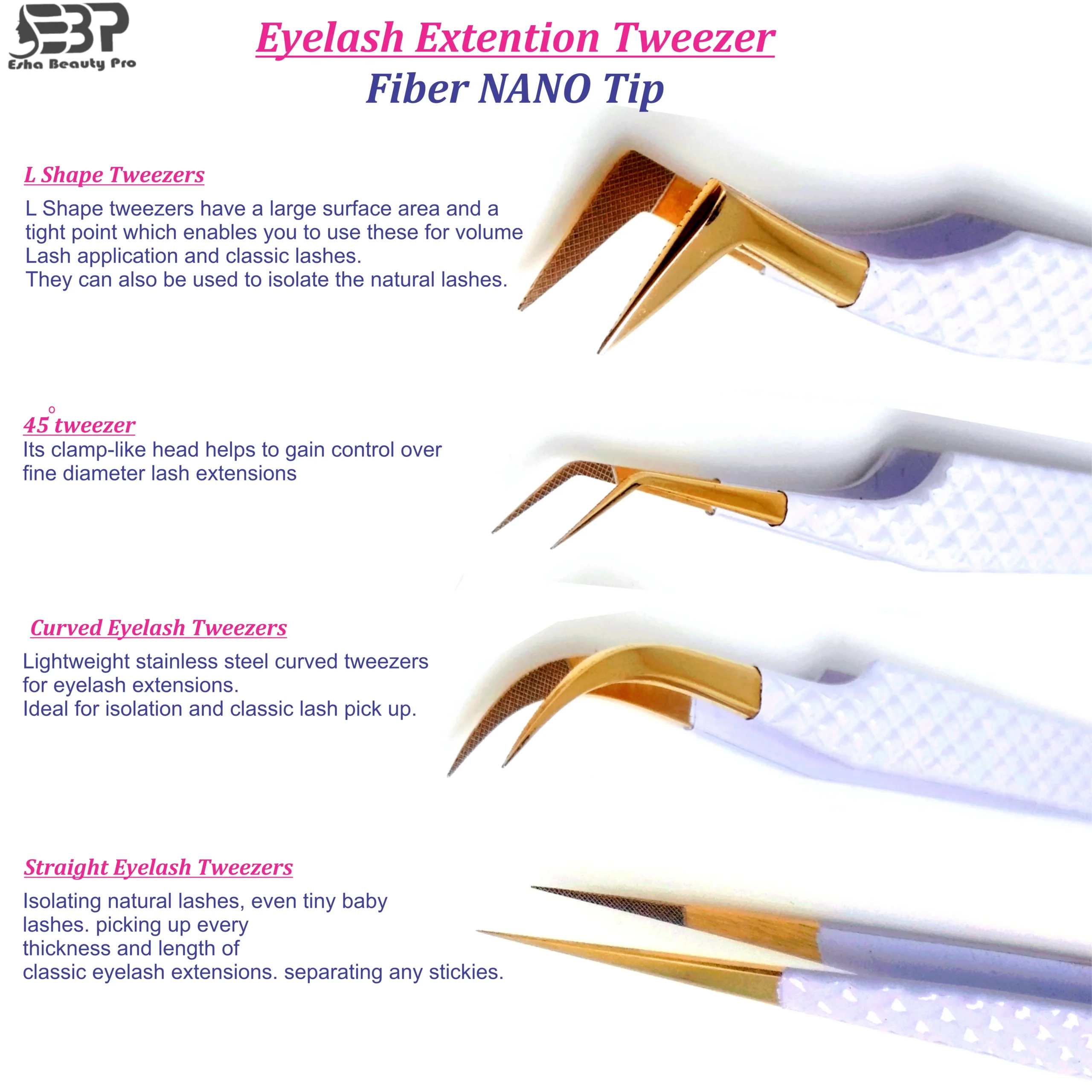 Luxury White Eyelash Tweezers with 24K Gold-Plated Fiber Tips