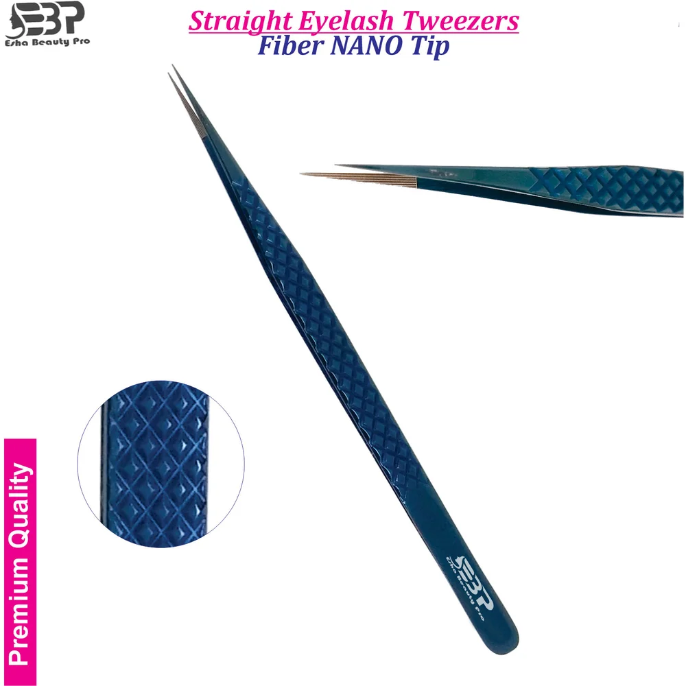 Straight Eyelash Tweezer with Fiber Tip Blue Plasma Coated