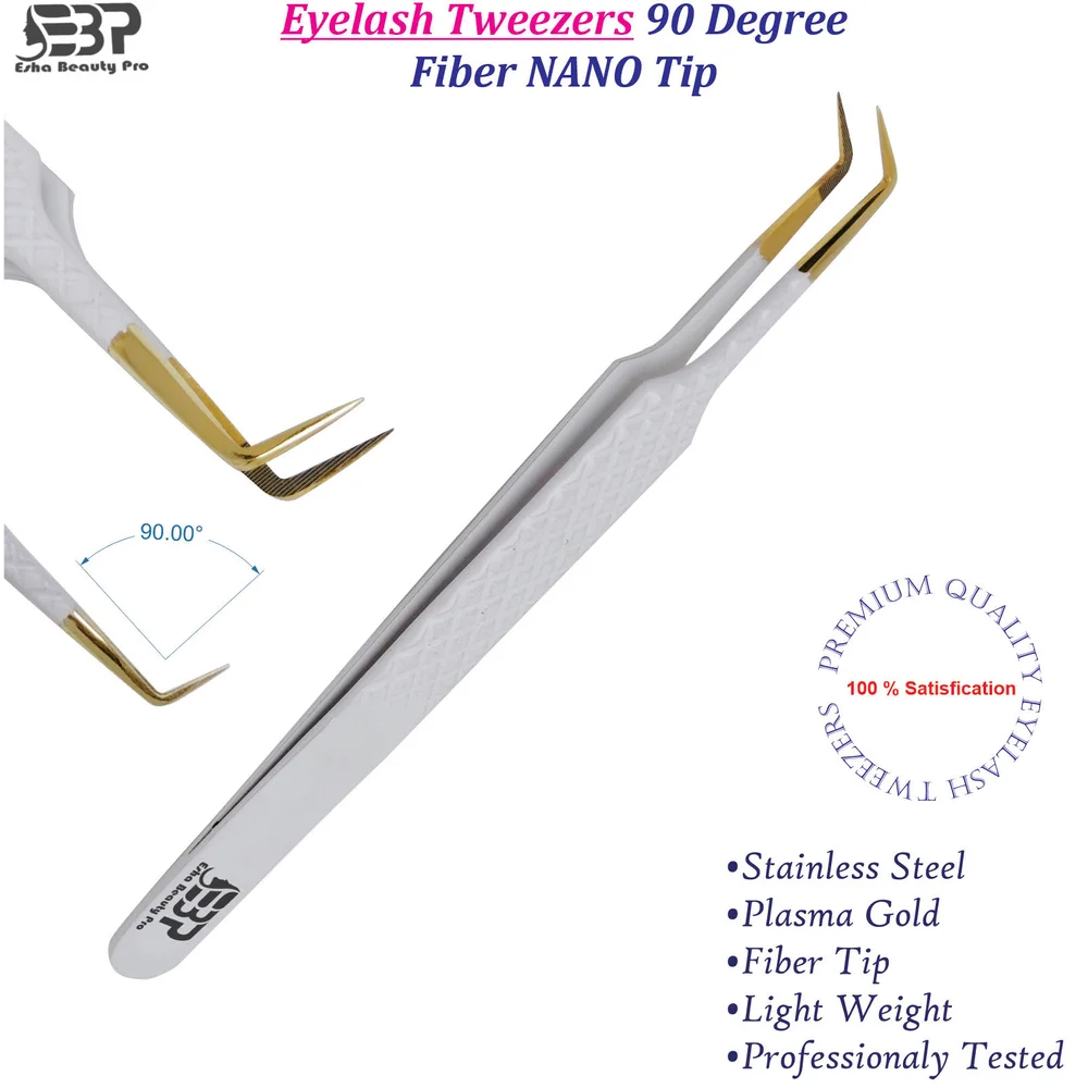 90-Degree Eyelash Tweezers with 24K Gold-Coated Fiber Tip – White Coated