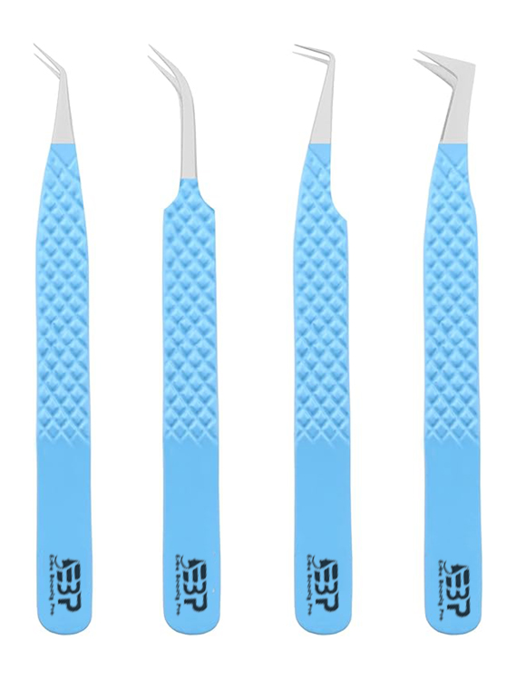 Professional Eyelash Extension Tweezers for Lash Artist set of 4pcs Sky Color