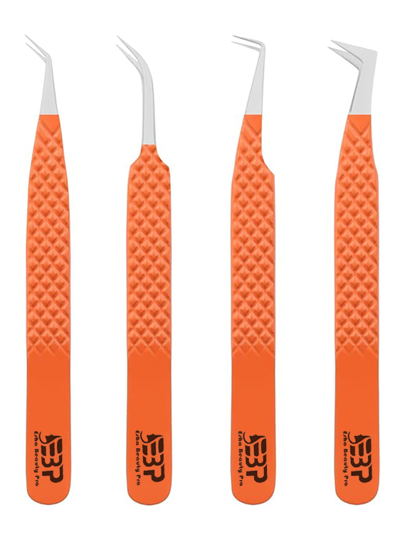 Professional Eyelash Extension Tweezers for Lash Artist set of 4pcs Orange Color