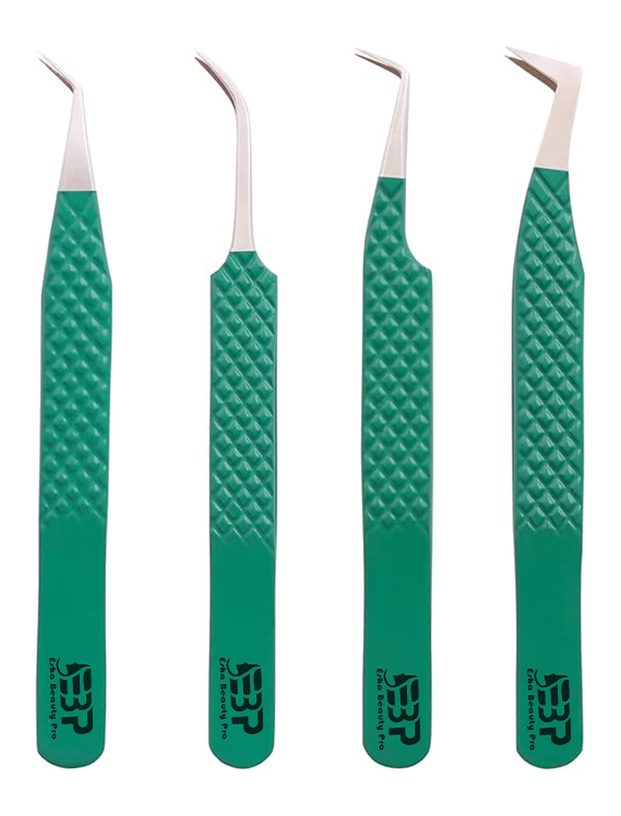 Professional Eyelash Extension Tweezers for Lash Artist set of 4pcs green colors
