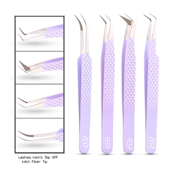 Professional Eyelash Extension Tweezers for Lash Artist set of 4pcs Purple