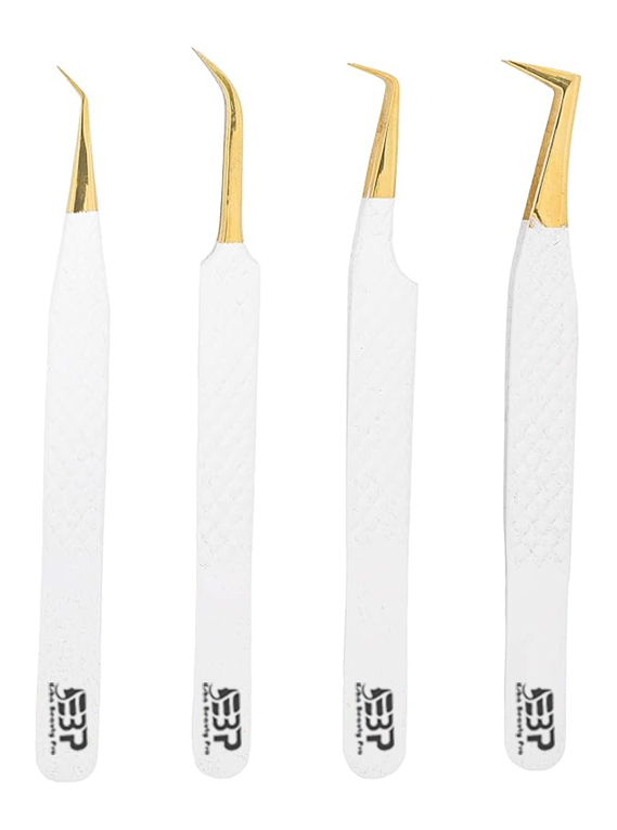 Eyelash Extension Tweezers Set of 4 white coated Gold Tip